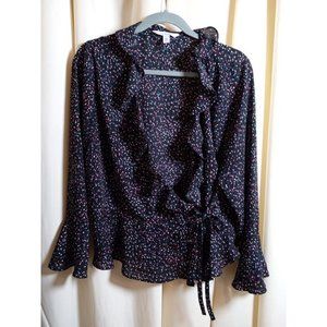 POPSUGAR Size XL Black Multicolor Dotted V-Neck Tie Front Blouse